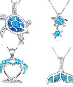 Fashion silver filled blue opal sea turtle pendant necklace for women female Animal wedding ocean beach jewellery gift