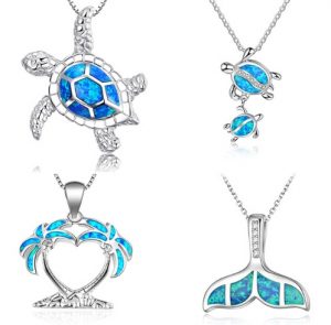 Fashion silver filled blue opal sea turtle pendant necklace for women female Animal wedding ocean beach jewellery gift